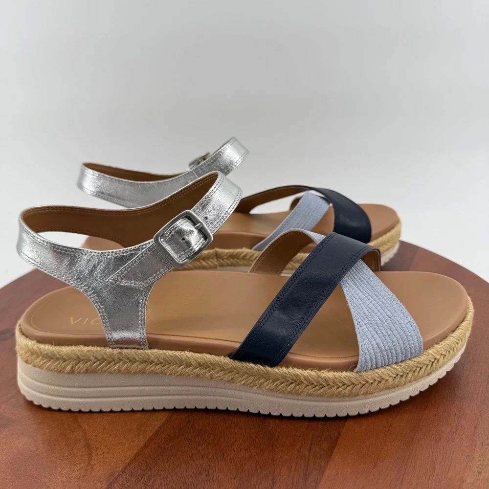 Vionic Mar Navy‎ Multi Leather Platform Espadrille Orthotic Sandals Womens 11M